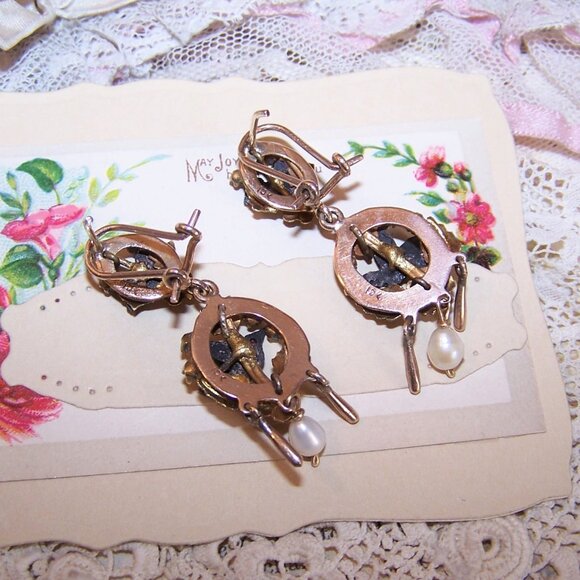 Victorian Revival Mexican 10K Gold Fine Silver Turquoise Dangle Earrings - Picture 7 of 8